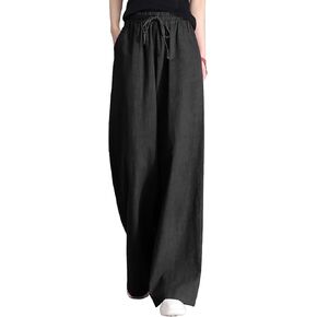 Women's Elastic Waist Drawstring Wide Leg Cotton Linen Yoga Long Pants
