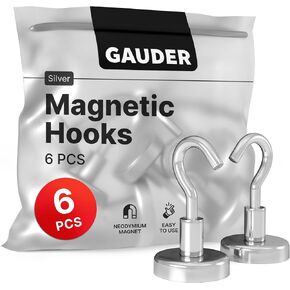 GAUDER Magnetic Hooks | Neodymium Hooks for Fridges and Whiteboards | Silver Magnets for Hanging (6 pcs)