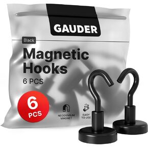 GAUDER Magnetic Hooks | Neodymium Hooks for Fridges and Whiteboards | Black Magnets for Hanging (6 pcs)