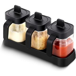 Salt and Sugar Container Set, 3Pcs Spice Jars with Spoon | 13.5oz Condiment Jar Spice Container for Salad, Coffee Bar Kitchen Countertop - Black