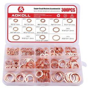 300PCS Copper Crush Washers M5 M6 M8 M10 M12 M14 M16 M20 Sealing Flat Washer Assortment Kit (Copper)