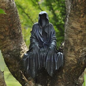 Grim Reaper Sitting Statue Gothic Scary Art Decor Black Robe Mystery Man Creepy Outdoor Indoor Statute Novelty Creeper Home Decor Accent for Shelf, Table and Desktop (Sitting)