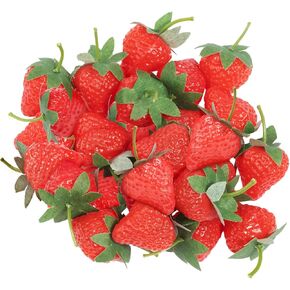 VIDELLY 60 Pieces Artificial Strawberries Fake Strawberries Lifelike Red Realistic Plastic Fruit for Kitchen Party Decor Photo Prop