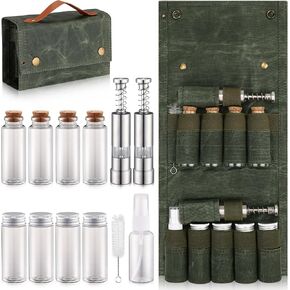 TOBWOLF Portable Spice Bag for Travel, Camping Spice Kit with 8 Jars, 2 Salt/Pepper Grinders, 1 Oil Spray, Foldable Canvas Seasoning Storage Bag, Condiment Container Set for Outdoor Picnic BBQ - Green