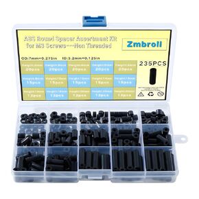 235Pcs Black Round Spacer OD 7mm ID 3.2mm for M3 Screws 15Sizes ABS Non-Threaded Column Standoff Support Spacer Round Straight Tube Plastic Washer Standoff