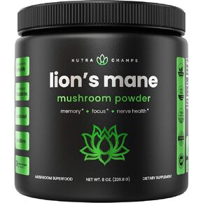 NutraChamps Organic Lions Mane Powder - 2000mg Powerful Nootropic for Memory, Focus, Immune Support - Vegan Lion’s Mane Mushroom Powder Supplement with Naturally Occurring Beta-Glucans - 8oz