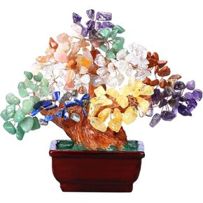 Jovivi Natural 7 Chakra Gemstone Crystal Money Tree Resin Base Bonsai Feng Shui Decorations for Wealth and Luck 6.3"-6.7"