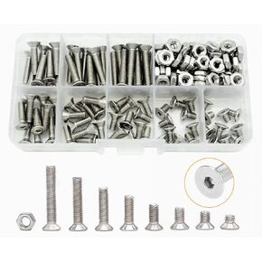 #8-32 UNC 304-Stainless Steel Flat Head Countersunk Hex Socket Cap Bolts Screws Nuts Assortment Kit