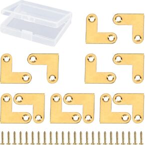 Flat Corner Braces, 12Pcs Brass Corner Brace Brackets Heavy Duty 90 Degree Angle L-Shaped Metal Flat Corner Brace with Screws & Plastic Box for Table, Chair, Cabinet