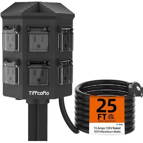 Outdoor Power Strip with Stake, 25 FT Extension Cord Waterproof, 6 Grounded Outlets for Outdoor Lights, 14 AWG, 15A/1875W, ETL Listed