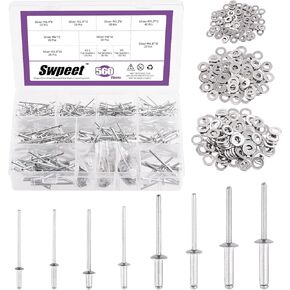 Swpeet 560Pcs Black 3/32" 1/8" 5/32" 3/16" Pop Rivets Assortment Kit with Stainless Steel Backup Washers, Assorted Aluminum Blind Rivets with Divider Labeled Case for Storage