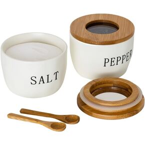 2 Pack Salt and Pepper Bowls Set, Ceramic Salt and Pepper Containers with Visible Airtight Bamboo Lid and Spoon, White Salt Pepper Holder Set, Salt Cellar Box Dish with Lid