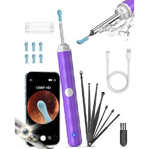 Ear Wax Removal Camera, Ear Cleaner 1296P HD Camera, Ear Cleaning Kit with 8pcs Ear Set, Wireless WiFi Otoscope with 6 Lights, Rechargeable Earwax Removal Tool Kit for Adult & Kid（Lavender)
