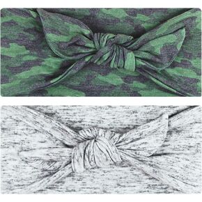 Women's Bow Headband Yoga Running Exercise Sports Workout Athletic Gym Wide Sweat Wicking Stretchy No Slip 2 Pack Set Green Camo Heather Grey Rebel Bow by Maven Thread