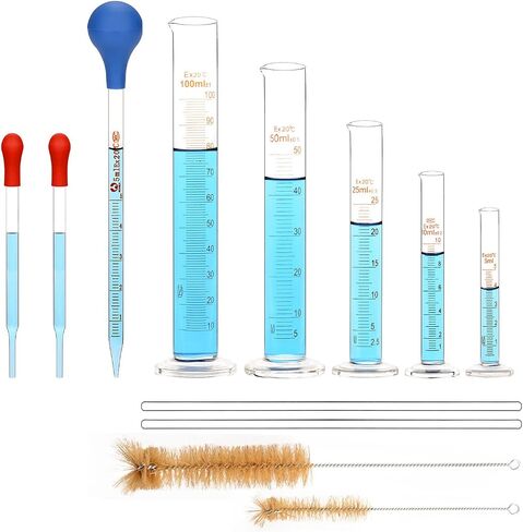 Graduated Cylinder Set, 5 Pcs Borosilicate Glass Measuring Cylinders in 5 ml/10 ml/25 ml/50 ml/100 ml with Pipettes/Stirring Rods/Clean Brushes in Saudi Arabia