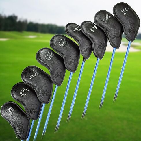 Premium Magnetic Leather Iron and Wedge Golf Club Head Covers | Set of 9| Fits Most Clubs | Embroidered Club Label on Both Sides of Club Head Cover in Saudi Arabia