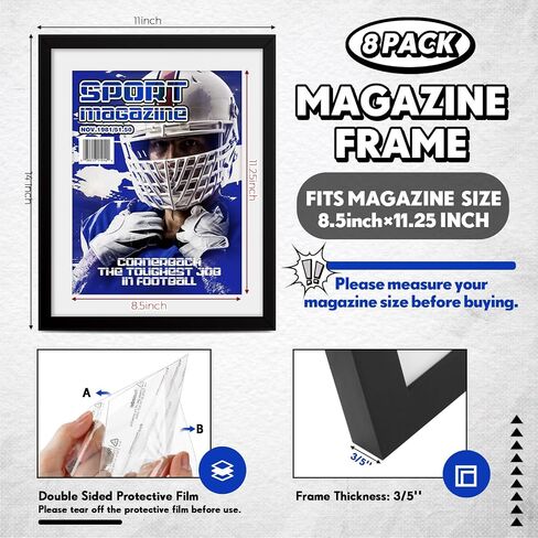 Geetery 8 Pcs Plastic Magazine Frames for Wall Fits 8.5''x11.25'' Magazine Display Frame with Installed Hangers and Core Matting for Home Decoration (Black (Black Mat)) in Saudi Arabia