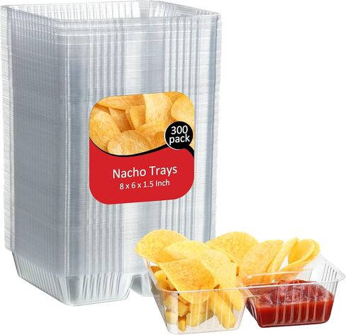 300 Packs Nacho Trays Disposable 2 Compartment Food Tray 8 x 6 Inch Concession Stand Supplies Movie Night Snack Trays Clear Plastic Cheese Dip and Chip Holder for Candy Kids School Carnival Party in Saudi Arabia