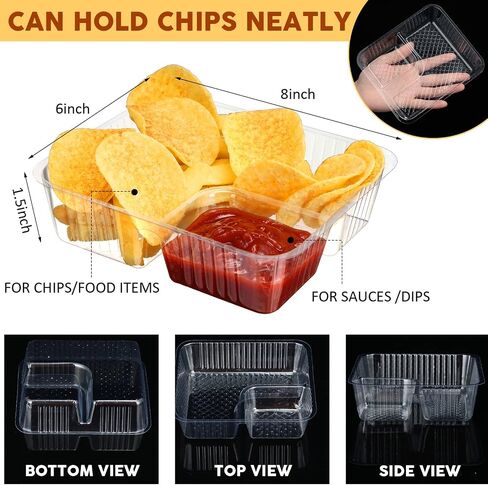 300 Packs Nacho Trays Disposable 2 Compartment Food Tray 8 x 6 Inch Concession Stand Supplies Movie Night Snack Trays Clear Plastic Cheese Dip and Chip Holder for Candy Kids School Carnival Party in Saudi Arabia