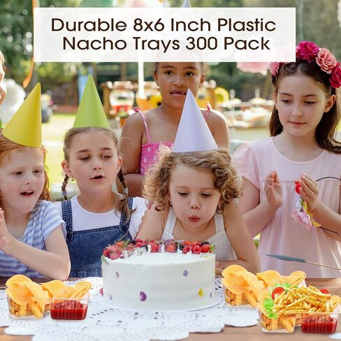 300 Packs Nacho Trays Disposable 2 Compartment Food Tray 8 x 6 Inch Concession Stand Supplies Movie Night Snack Trays Clear Plastic Cheese Dip and Chip Holder for Candy Kids School Carnival Party in Saudi Arabia
