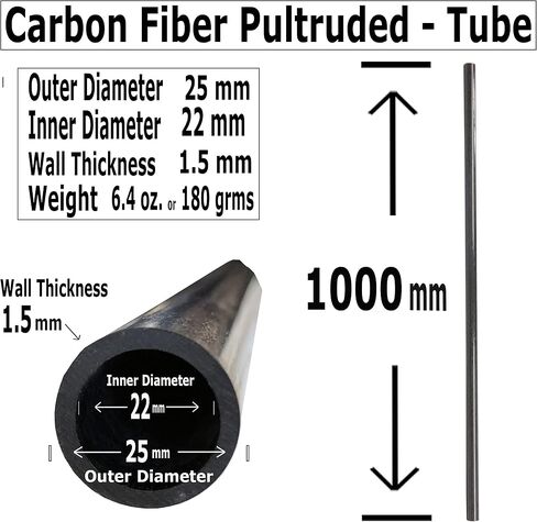 – CARBON FIBER TUBE - 25mm X 22mm x 1000mm – Pultruded Round Hollow Carbon Fiber rods Black matte finish - Pure carbon fibre hollow tube shafts - for RC planes-drones, boat DIY craft projects in Saudi Arabia