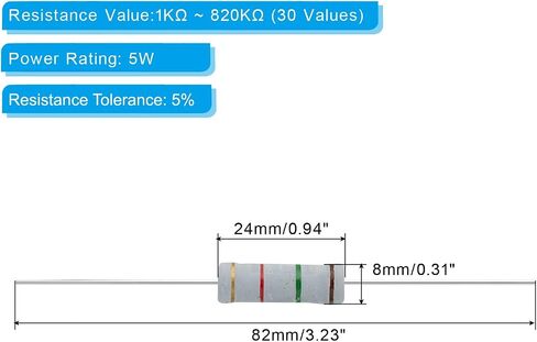 PATIKIL 5 Watt 1K-820K Ohm Carbon Film Resistor، 150 قطعة 30 قيمة مجموعة متنوعة من المقاومات 5% التسامح للمشاريع والتجارب التي تصنعها بنفسك in Saudi Arabia