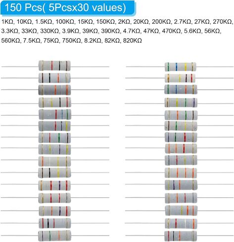 PATIKIL 5 Watt 1K-820K Ohm Carbon Film Resistor، 150 قطعة 30 قيمة مجموعة متنوعة من المقاومات 5% التسامح للمشاريع والتجارب التي تصنعها بنفسك in Saudi Arabia