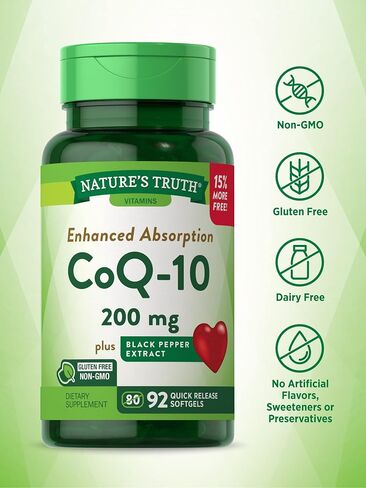 CoQ10 200 mg Softgels | 92 Count | Enhanced Absorption Supplement | with Black Pepper Extract | Non-GMO, Gluten Free Supplement | by Nature's Truth in Saudi Arabia