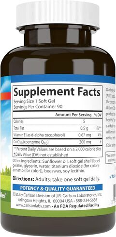 Carlson - Co-Q10, Co-Enzyme Q10, 200 mg, Energy Production & Heart Function, 90 Softgels in Saudi Arabia