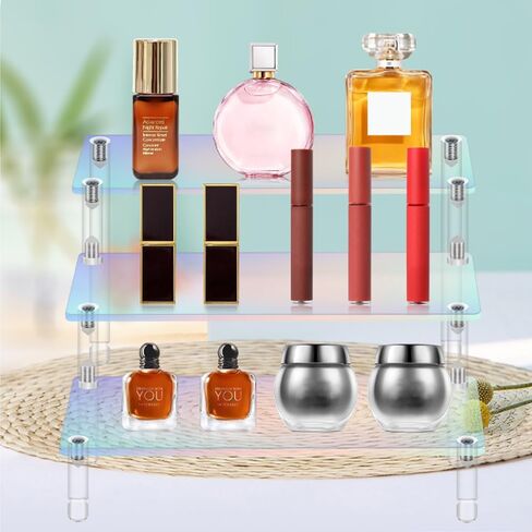 رف عرض أكريليك قوس قزح، حامل عرض مشع ذو 3 طبقات بلون شفاف للحلويات والكب كيك والعطور والأشكال ومستحضرات التجميل لعرض التخزين التنظيمي in Kuwait