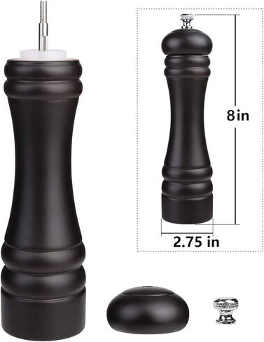 Black Pepper Mill Salt Grinder Refillable, Adjustable Coarseness Ceramic Grinding Mechanism for Home, Kitchen, Barbecue, Party-8 inch (Black+ Silver) in Saudi Arabia