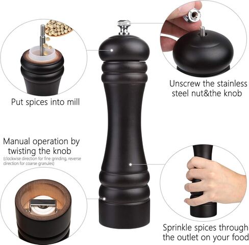 Black Pepper Mill Salt Grinder Refillable, Adjustable Coarseness Ceramic Grinding Mechanism for Home, Kitchen, Barbecue, Party-8 inch (Black+ Silver) in Saudi Arabia