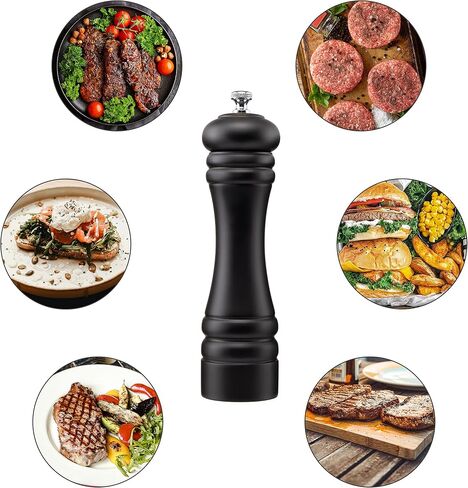 Black Pepper Mill Salt Grinder Refillable, Adjustable Coarseness Ceramic Grinding Mechanism for Home, Kitchen, Barbecue, Party-8 inch (Black+ Silver) in Saudi Arabia