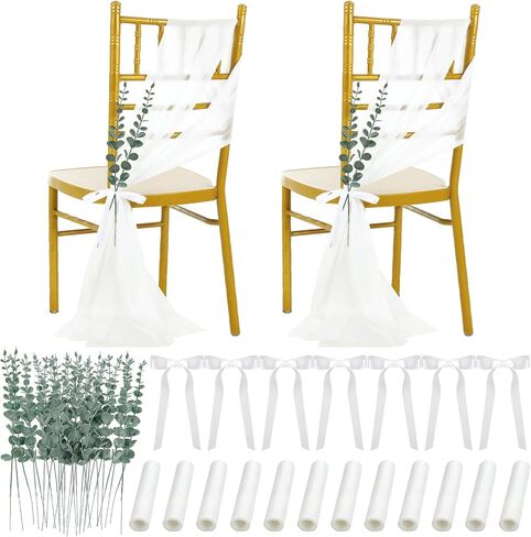 24 Sets Wedding Aisle Decorations for Wedding Ceremony Chiffon Chair Sashes with Ribbons and Artificial Eucalyptus Stem Decor for Wedding Church Chair Aisle Bulk Decorations in Saudi Arabia