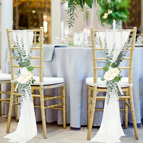 24 Sets Wedding Aisle Decorations for Wedding Ceremony Chiffon Chair Sashes with Ribbons and Artificial Eucalyptus Stem Decor for Wedding Church Chair Aisle Bulk Decorations in Saudi Arabia