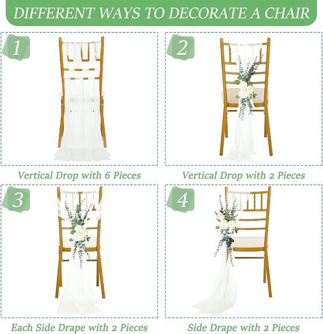 24 Sets Wedding Aisle Decorations for Wedding Ceremony Chiffon Chair Sashes with Ribbons and Artificial Eucalyptus Stem Decor for Wedding Church Chair Aisle Bulk Decorations in Saudi Arabia