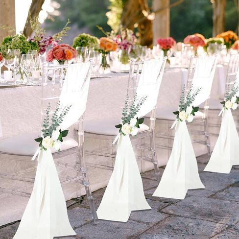 24 Sets Wedding Aisle Decorations for Wedding Ceremony Chiffon Chair Sashes with Ribbons and Artificial Eucalyptus Stem Decor for Wedding Church Chair Aisle Bulk Decorations in Saudi Arabia