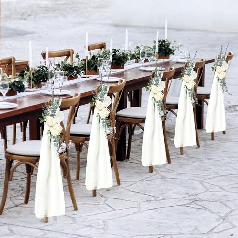 24 Sets Wedding Aisle Decorations for Wedding Ceremony Chiffon Chair Sashes with Ribbons and Artificial Eucalyptus Stem Decor for Wedding Church Chair Aisle Bulk Decorations in Saudi Arabia