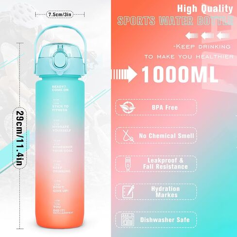 زجاجة مياه سعة 32 أونصة مع مصاصة، زجاجة مياه رياضية خالية من مادة BPA، آمنة للاستخدام في غسالة الأطباق، زجاجة مياه تحفيزية مانعة للتسرب مع علامات زمنية، للرياضة والمدرسة والعمل in Saudi Arabia