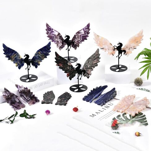 JIC Gem Labradorite Stone Crystal Carved Wings of Unicorn Quartz Crystal Slices Carved Wings Healing Crystal Stone with Stand Home Decor Reiki Meditation Collection(1pair) in Saudi Arabia