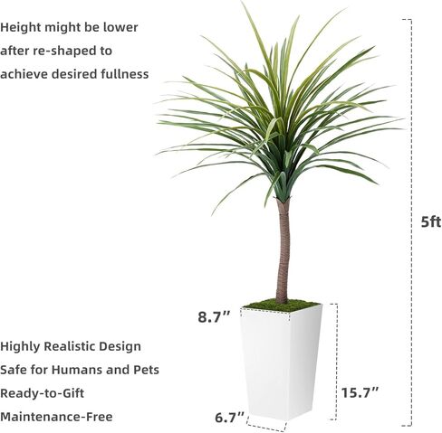 نبات Dracaena الاصطناعي بطول 5 أقدام - شجرة صناعية مع زارع أبيض طويل القامة - نبات يوكا مزيف في وعاء - شجرة حرير استوائية صناعية للمنزل والمكتب وغرفة المعيشة وديكور داخلي in Kuwait