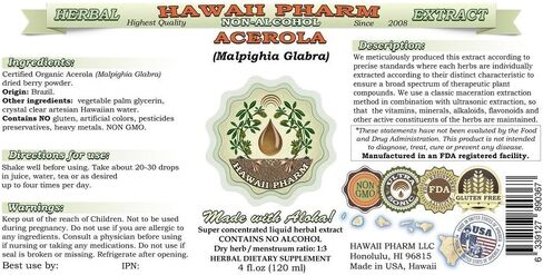 Hawaii Pharm Acerola Alcohol-FREE Liquid Extract, Organic Acerola (Malpighia Glabra) Dried Berry Glycerite Natural Herbal Supplement 2 oz in Saudi Arabia