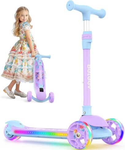BELEEV A9 Kids Scooter with LED Light-Up Wheels & Deck, 3 Wheel Folding Scooter for Toddlers Girls Boys Ages 3-12, Adjustable Handlebar, Lean to Steer, Extra-Wide Wheels, Kick Scooter for Children in Saudi Arabia
