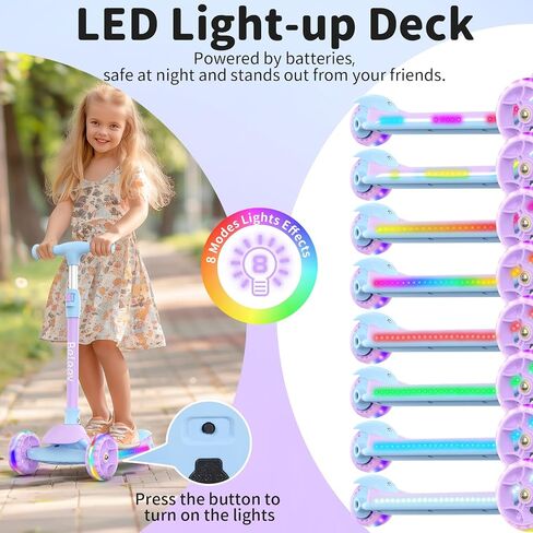 BELEEV A9 Kids Scooter with LED Light-Up Wheels & Deck, 3 Wheel Folding Scooter for Toddlers Girls Boys Ages 3-12, Adjustable Handlebar, Lean to Steer, Extra-Wide Wheels, Kick Scooter for Children in Saudi Arabia