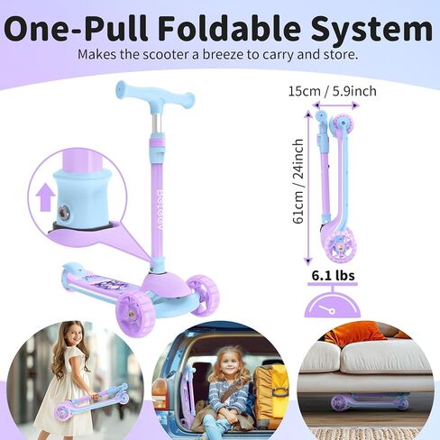BELEEV A9 Kids Scooter with LED Light-Up Wheels & Deck, 3 Wheel Folding Scooter for Toddlers Girls Boys Ages 3-12, Adjustable Handlebar, Lean to Steer, Extra-Wide Wheels, Kick Scooter for Children in Saudi Arabia