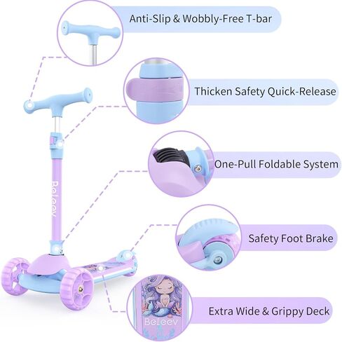 BELEEV A9 Kids Scooter with LED Light-Up Wheels & Deck, 3 Wheel Folding Scooter for Toddlers Girls Boys Ages 3-12, Adjustable Handlebar, Lean to Steer, Extra-Wide Wheels, Kick Scooter for Children in Saudi Arabia