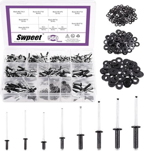 Swpeet 560Pcs Black 3/32" 1/8" 5/32" 3/16" Pop Rivets Assortment Kit with Stainless Steel Backup Washers, Assorted Aluminum Blind Rivets with Divider Labeled Case for Storage in Saudi Arabia