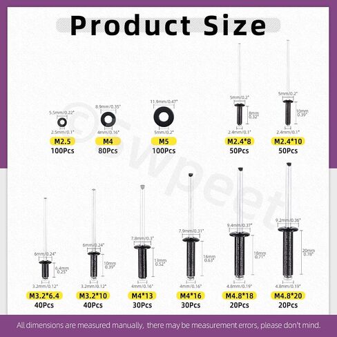Swpeet 560Pcs Black 3/32" 1/8" 5/32" 3/16" Pop Rivets Assortment Kit with Stainless Steel Backup Washers, Assorted Aluminum Blind Rivets with Divider Labeled Case for Storage in Saudi Arabia
