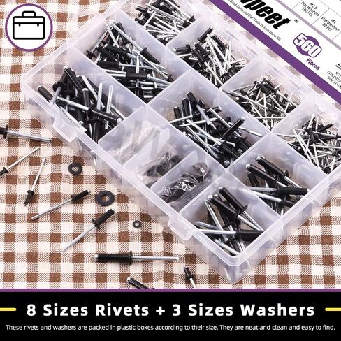 Swpeet 560Pcs Black 3/32" 1/8" 5/32" 3/16" Pop Rivets Assortment Kit with Stainless Steel Backup Washers, Assorted Aluminum Blind Rivets with Divider Labeled Case for Storage in Saudi Arabia