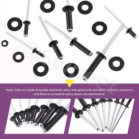 Swpeet 560Pcs Black 3/32" 1/8" 5/32" 3/16" Pop Rivets Assortment Kit with Stainless Steel Backup Washers, Assorted Aluminum Blind Rivets with Divider Labeled Case for Storage in Saudi Arabia